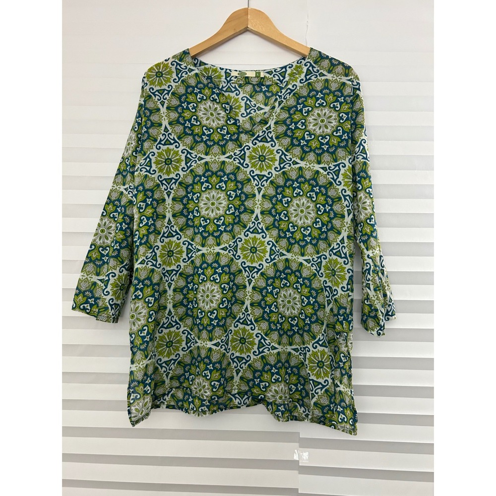 Dolma Womens Green Teal Mandala Print Cotton Tunic Top Split V-Neck L Peasant